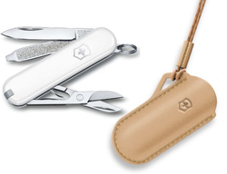 Scyzoryk Victorinox Classic SD, biały w zestawie ze skórzanym etui 0.6223.7G49